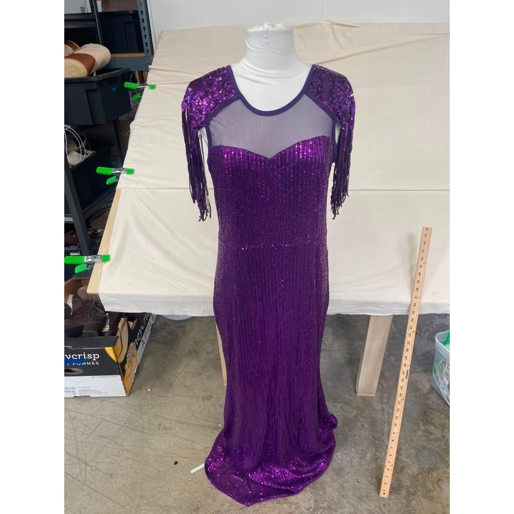 Cololura Purple Sequin Fringe Mesh Maxi Dress Formal Gown XL NEW